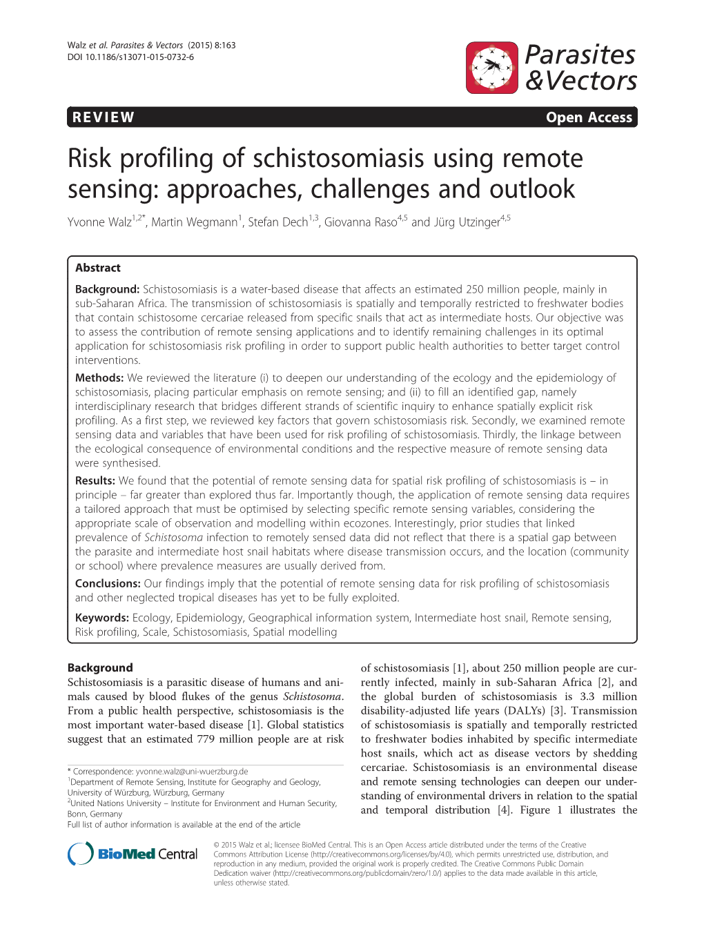 Risk Profiling of Schistosomiasis Using Remote Sensing: Approaches, Challenges and Outlook