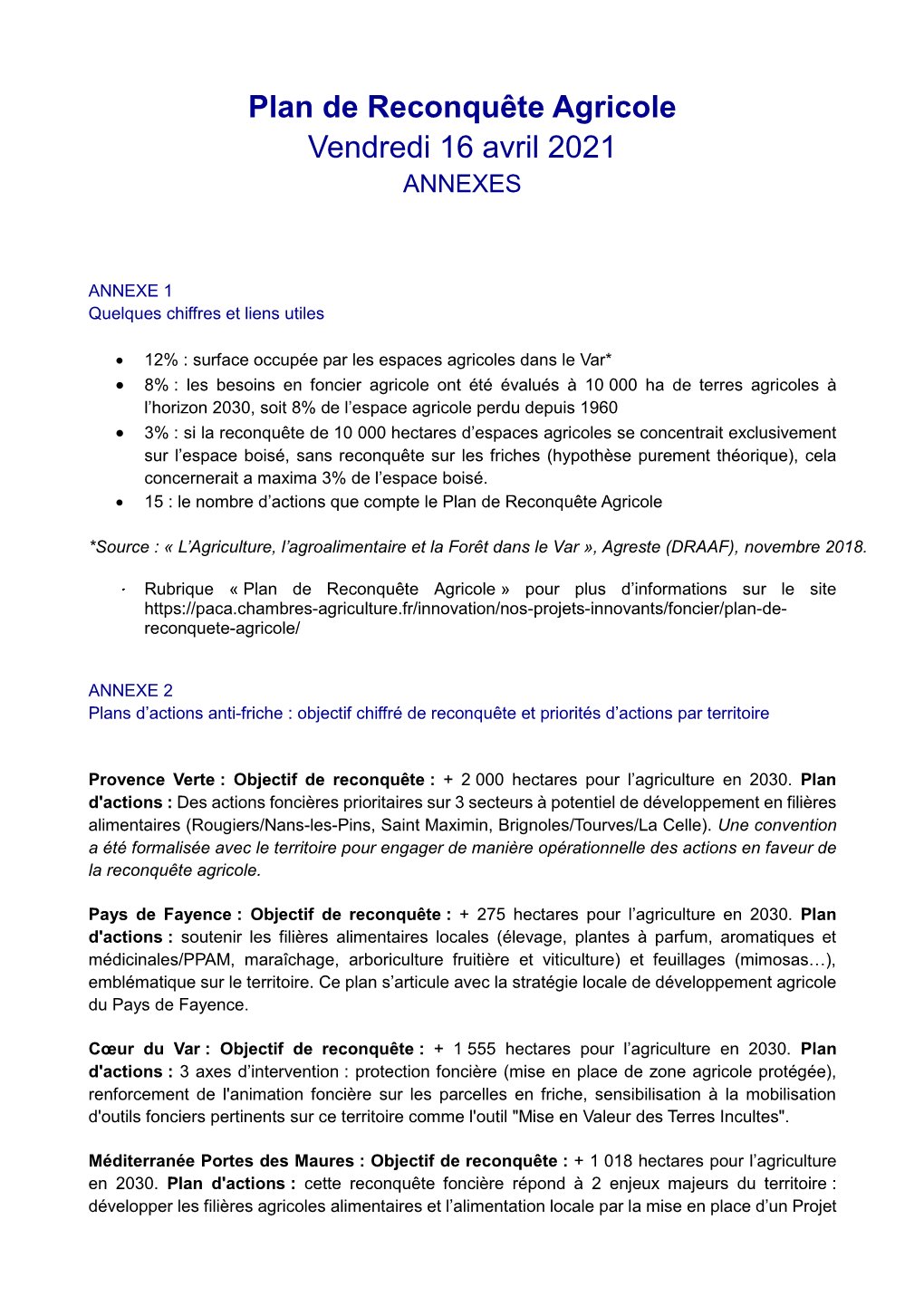 Plan De Reconquête Agricole Vendredi 16 Avril 2021 ANNEXES