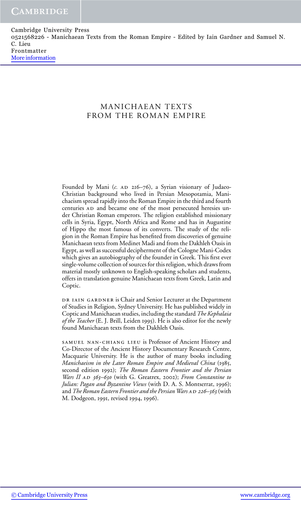 Manichaean Texts from the Roman Empire - Edited by Iain Gardner and Samuel N