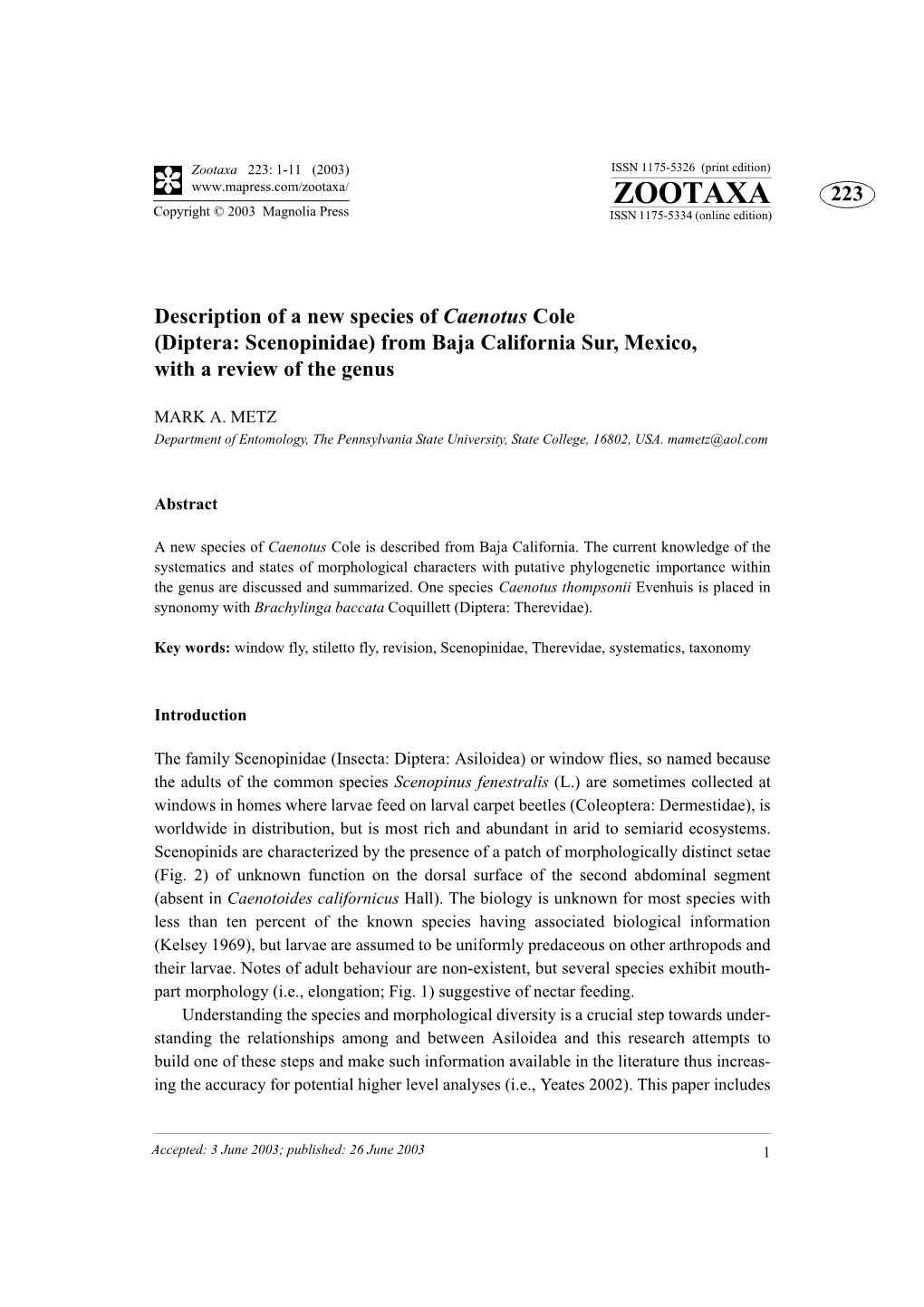 Zootaxa 223: 1-11 (2003) ISSN 1175-5326 (Print Edition) ZOOTAXA 223 Copyright © 2003 Magnolia Press ISSN 1175-5334 (Online Edition)