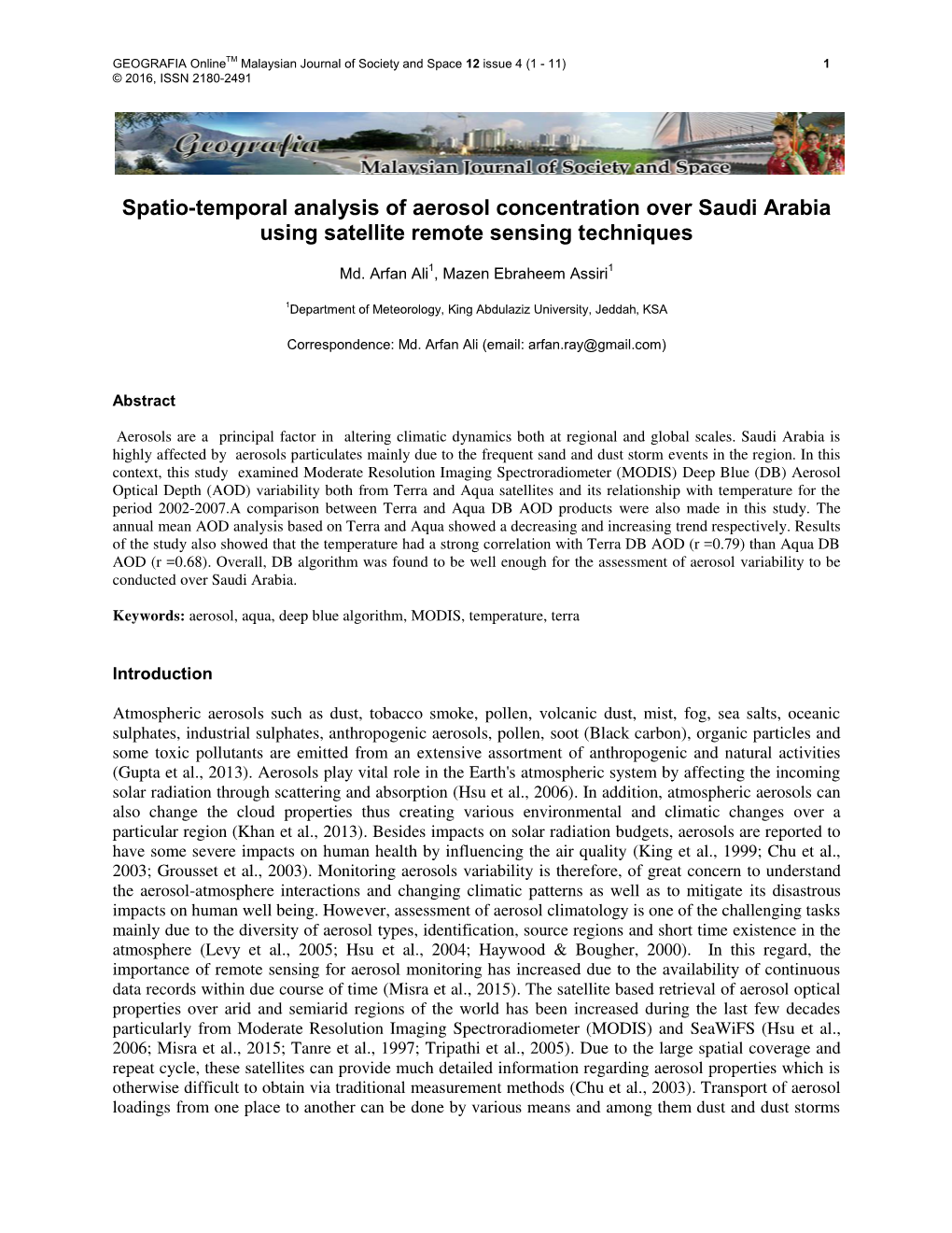 Spatio-Temporal Analysis of Aerosol Concentration Over Saudi Arabia Using Satellite Remote Sensing Techniques