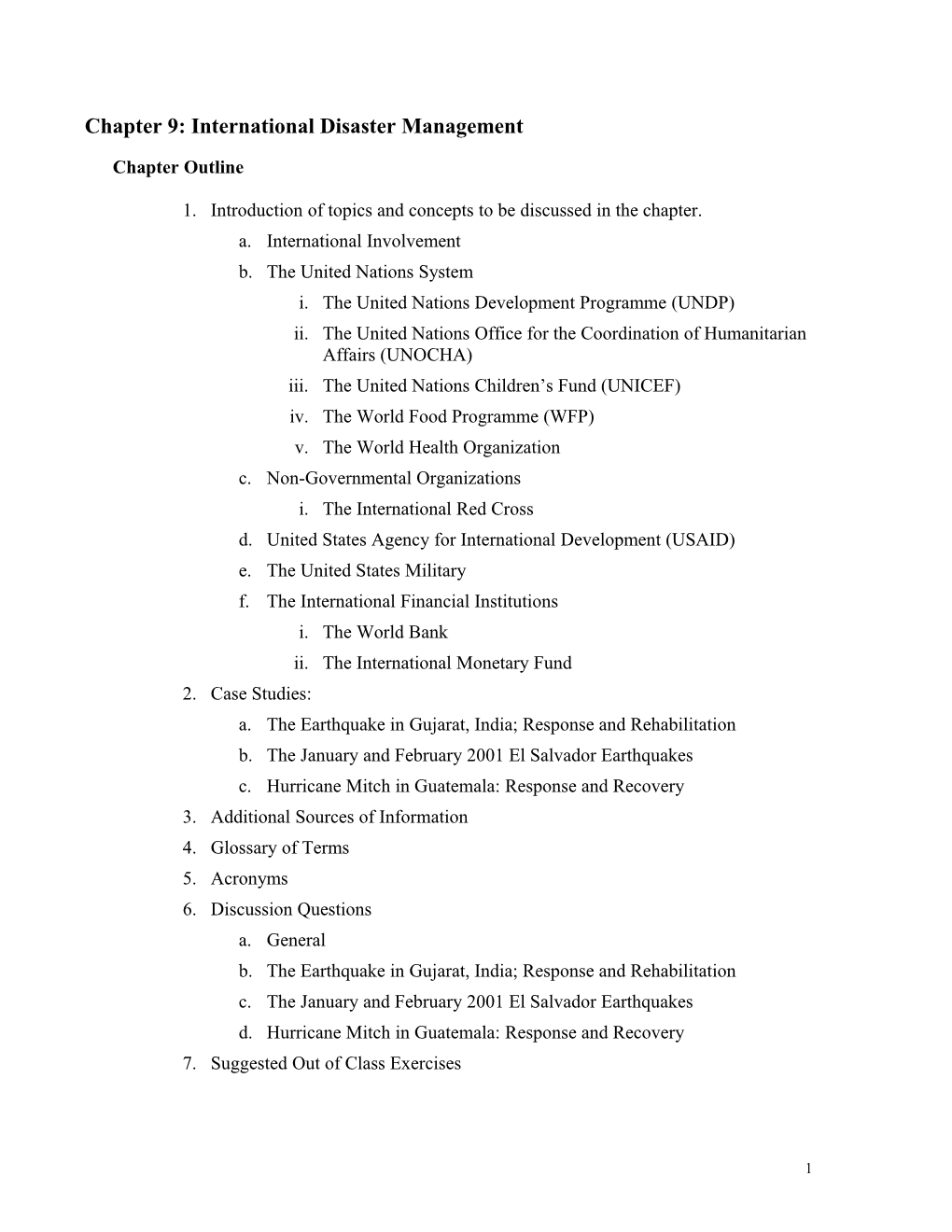 Chapter 9: International Disaster Management