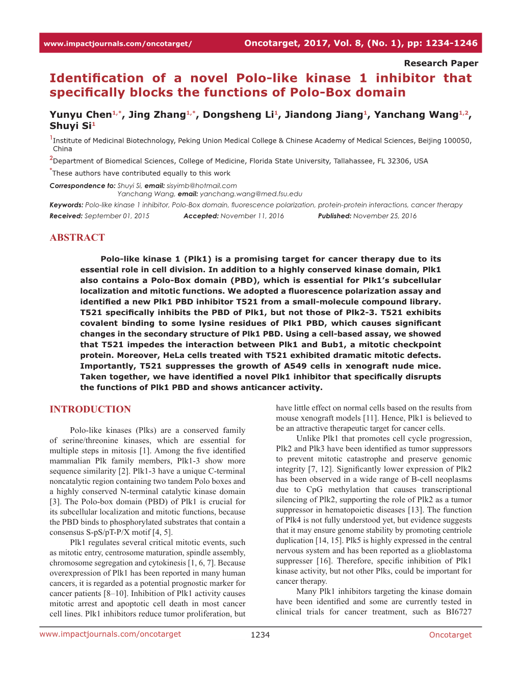 Identification of a Novel Polo-Like Kinase 1 Inhibitor That Specifically Blocks the Functions of Polo-Box Domain