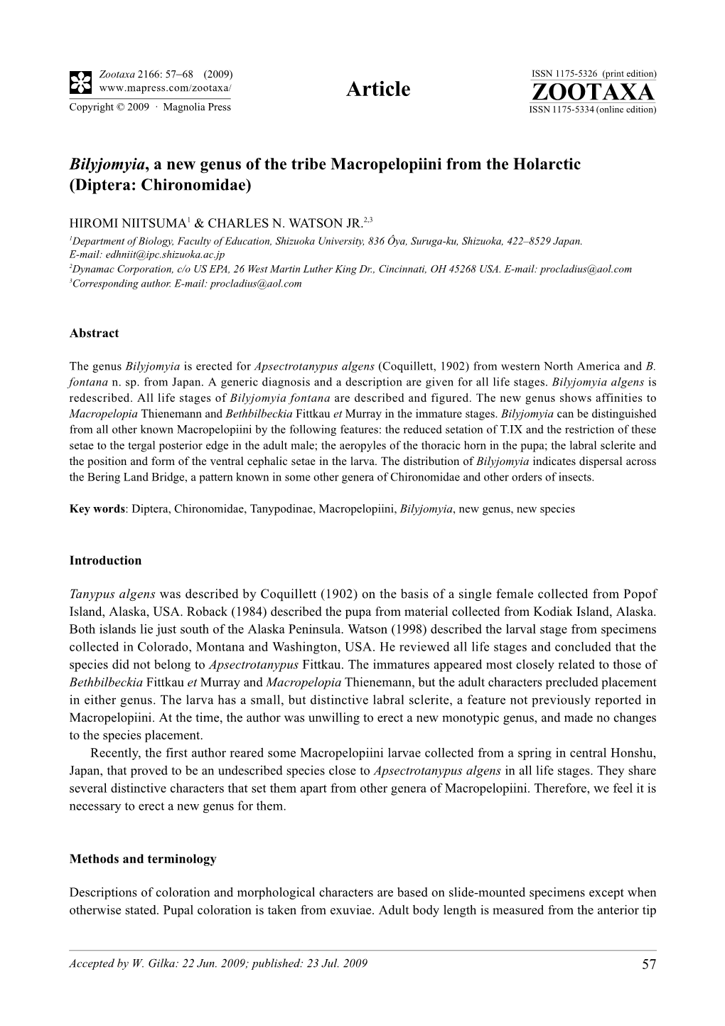 Zootaxa, Bilyjomyia, a New Genus of the Tribe