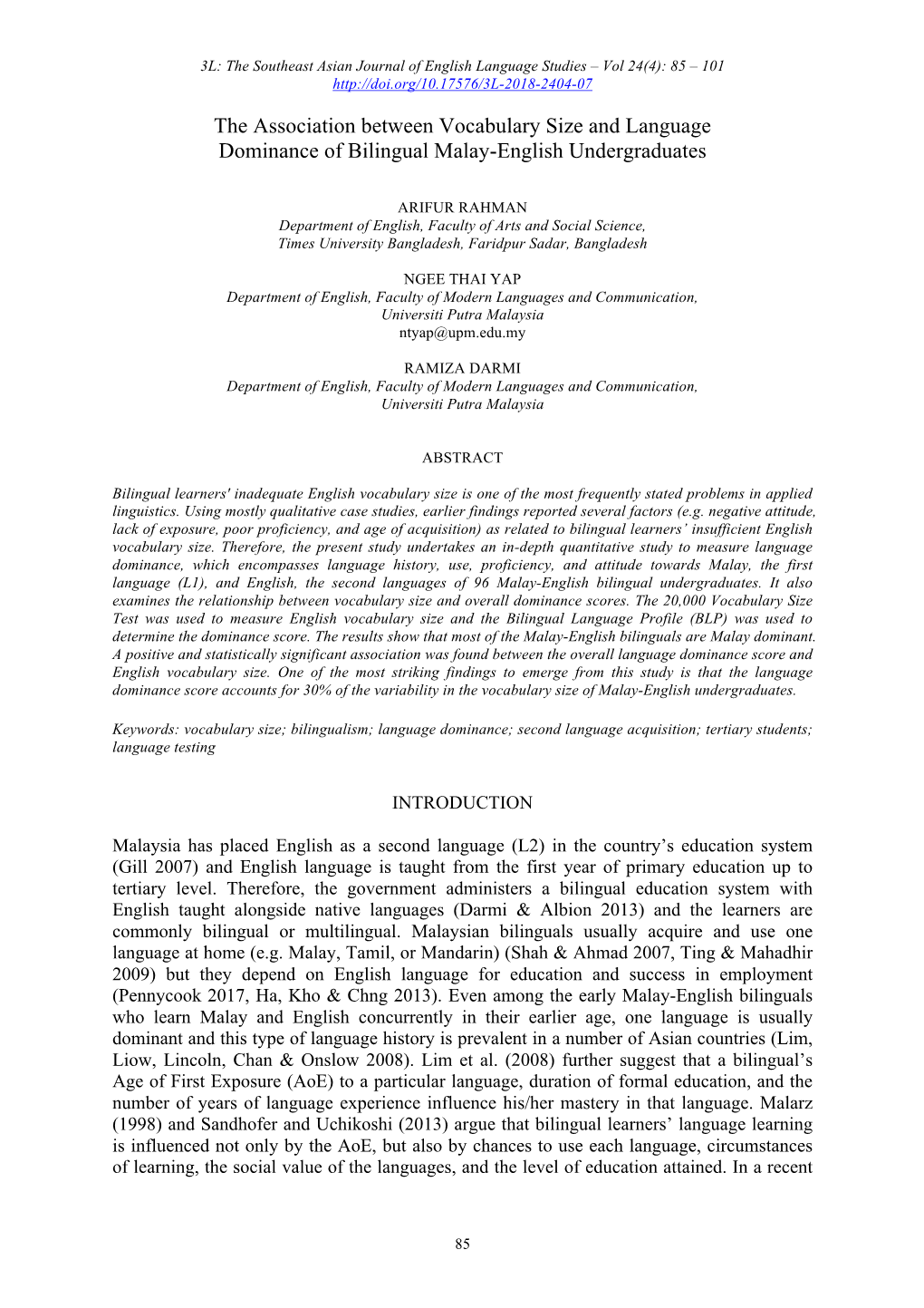 The Association Between Vocabulary Size and Language Dominance of Bilingual Malay-English Undergraduates