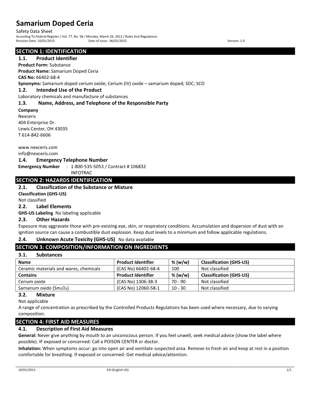 Samarium Doped Ceria Safety Data Sheet According to Federal Register / Vol