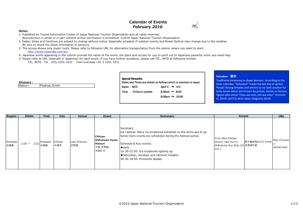 Calendar of Events February 2016 Notes: 1