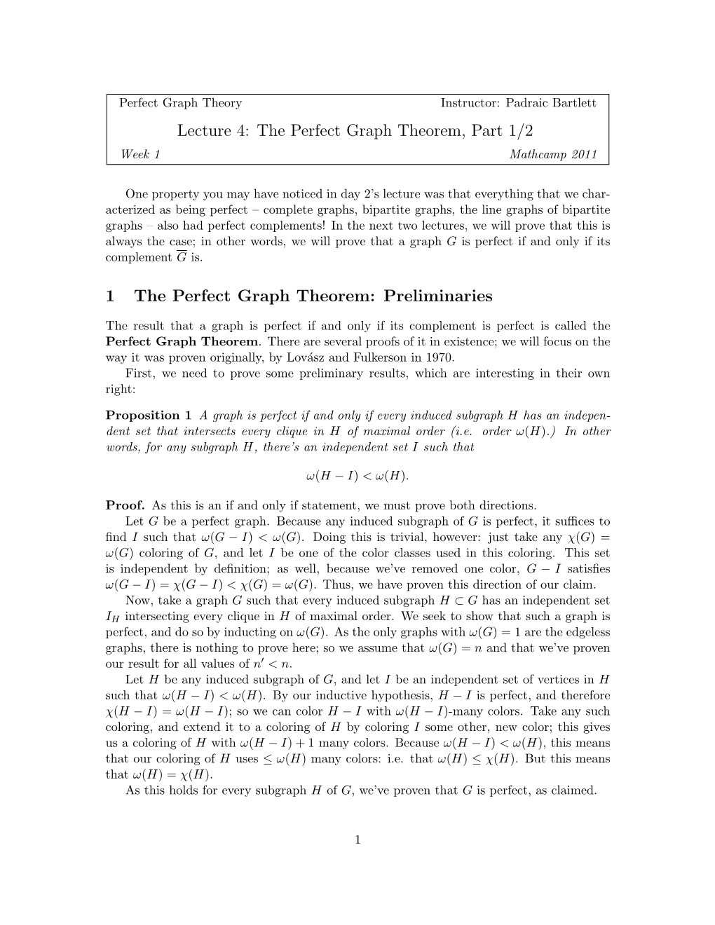 The Perfect Graph Theorem, Part 1/2