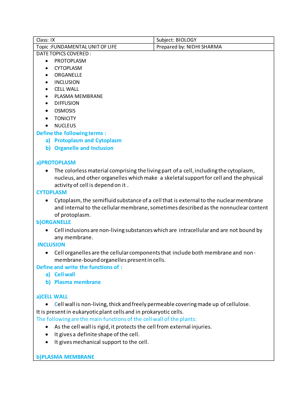 Define the Following Terms : A) Protoplasm and Cytoplasm B