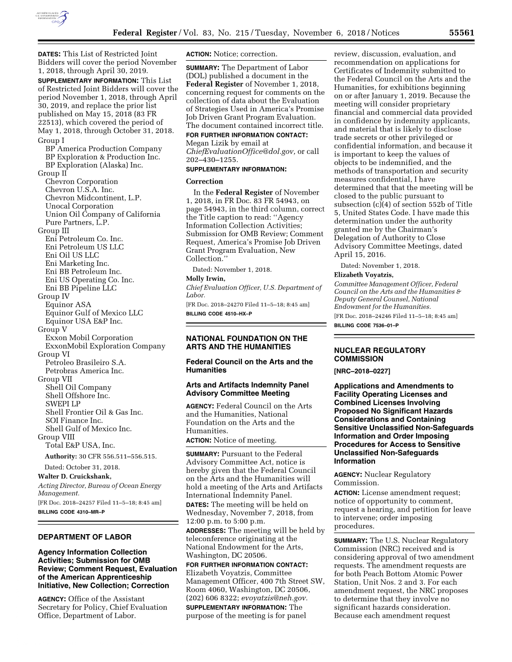 Federal Register/Vol. 83, No. 215/Tuesday, November 6, 2018