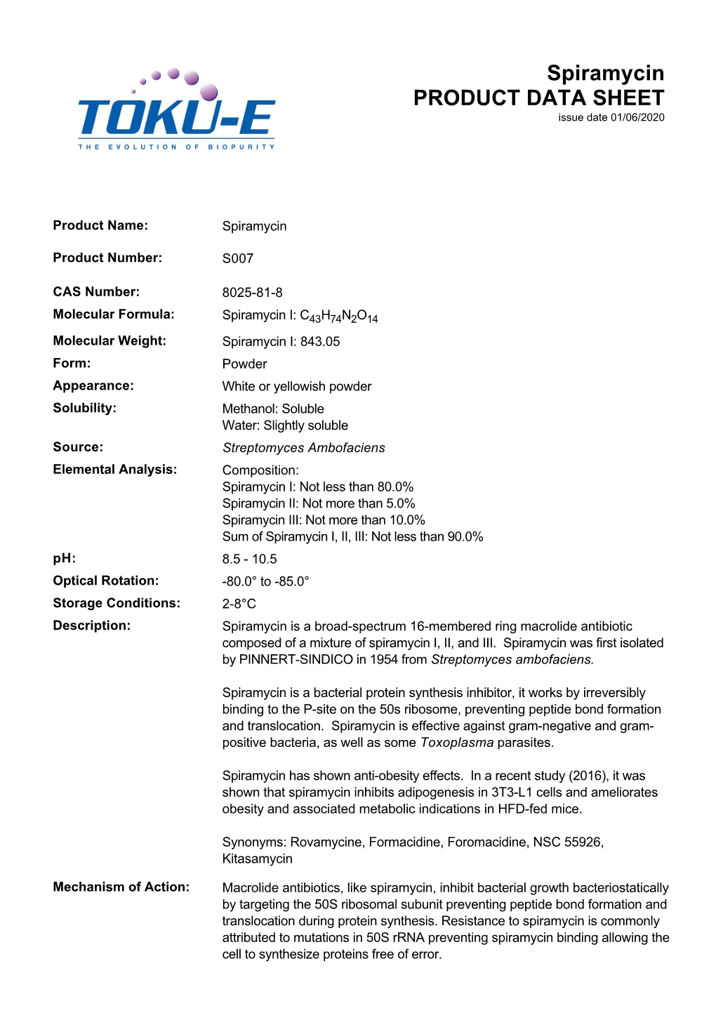 Spiramycin PRODUCT DATA SHEET Issue Date 01/06/2020