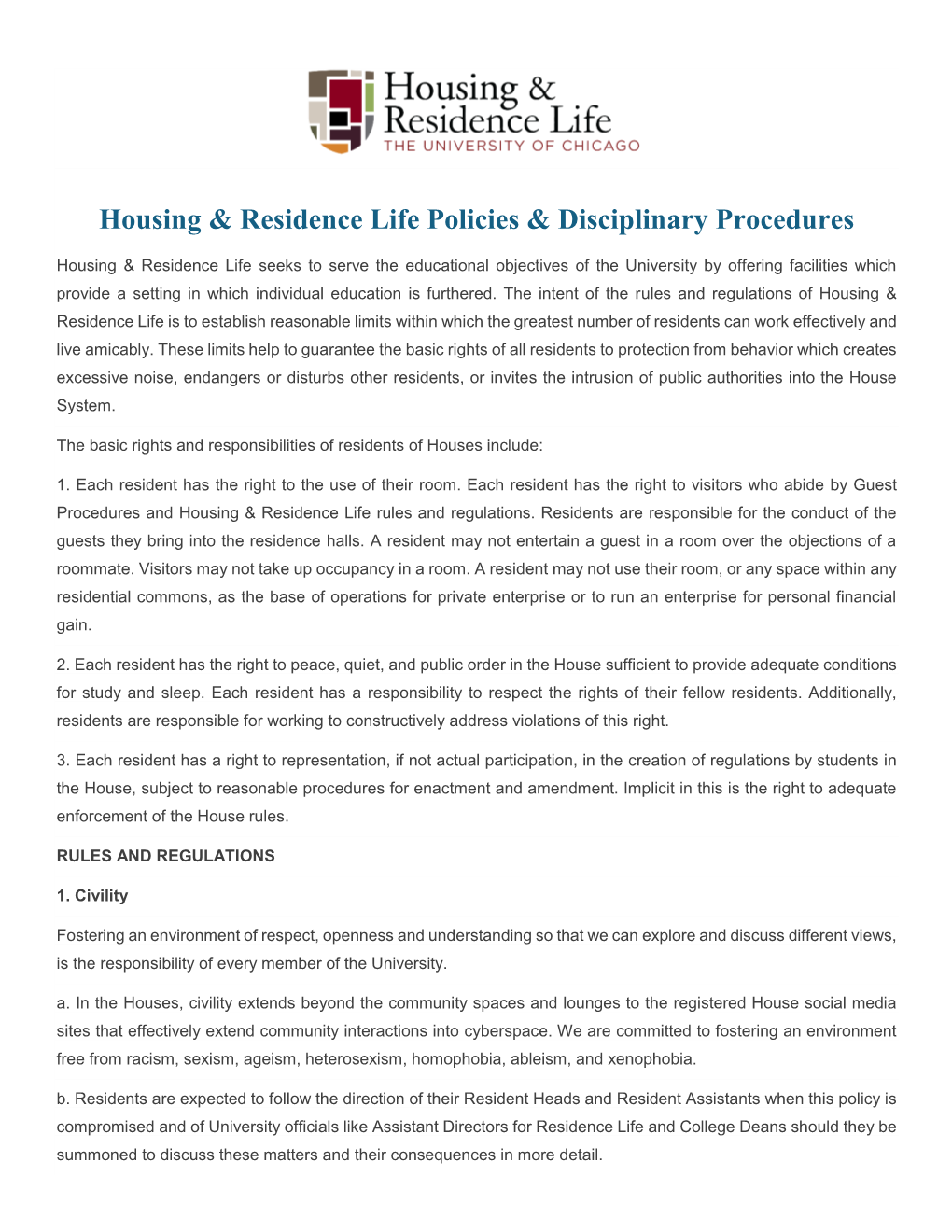 Housing & Residence Life Policies & Disciplinary Procedures