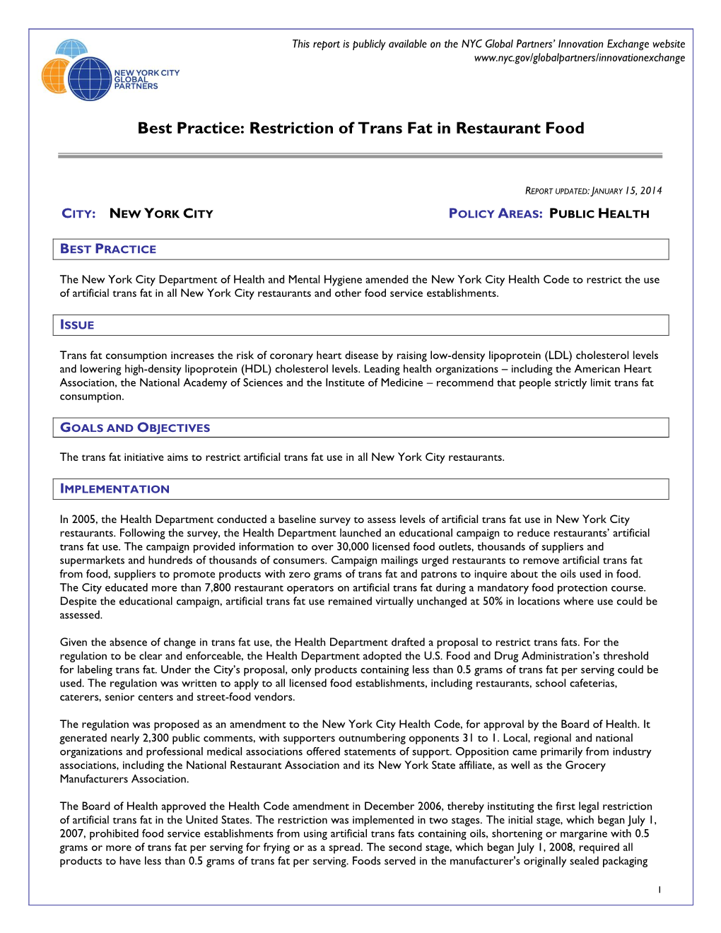 Best Practice: Restriction of Trans Fat in Restaurant Food