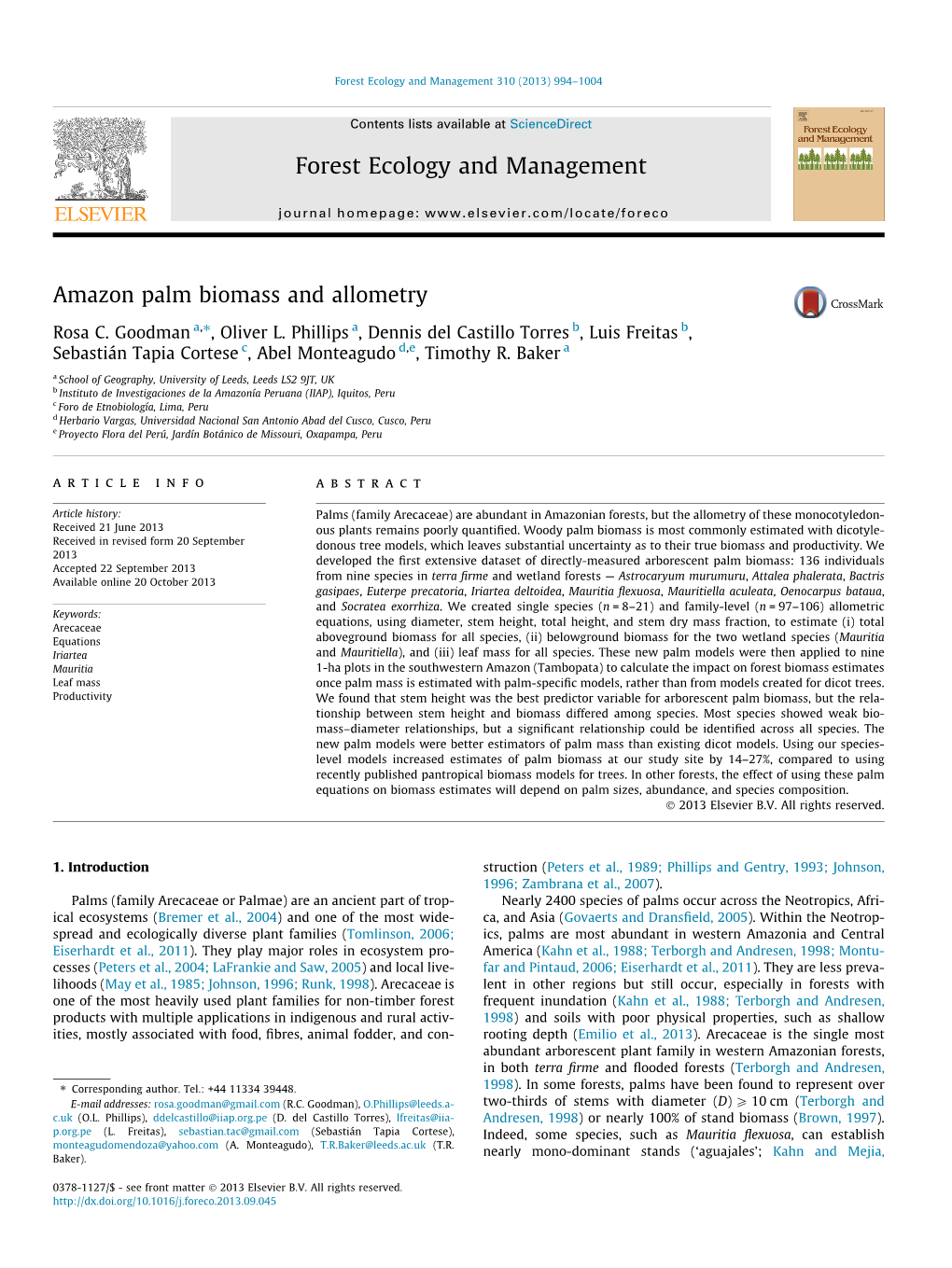 Amazon Palm Biomass and Allometry ⇑ Rosa C