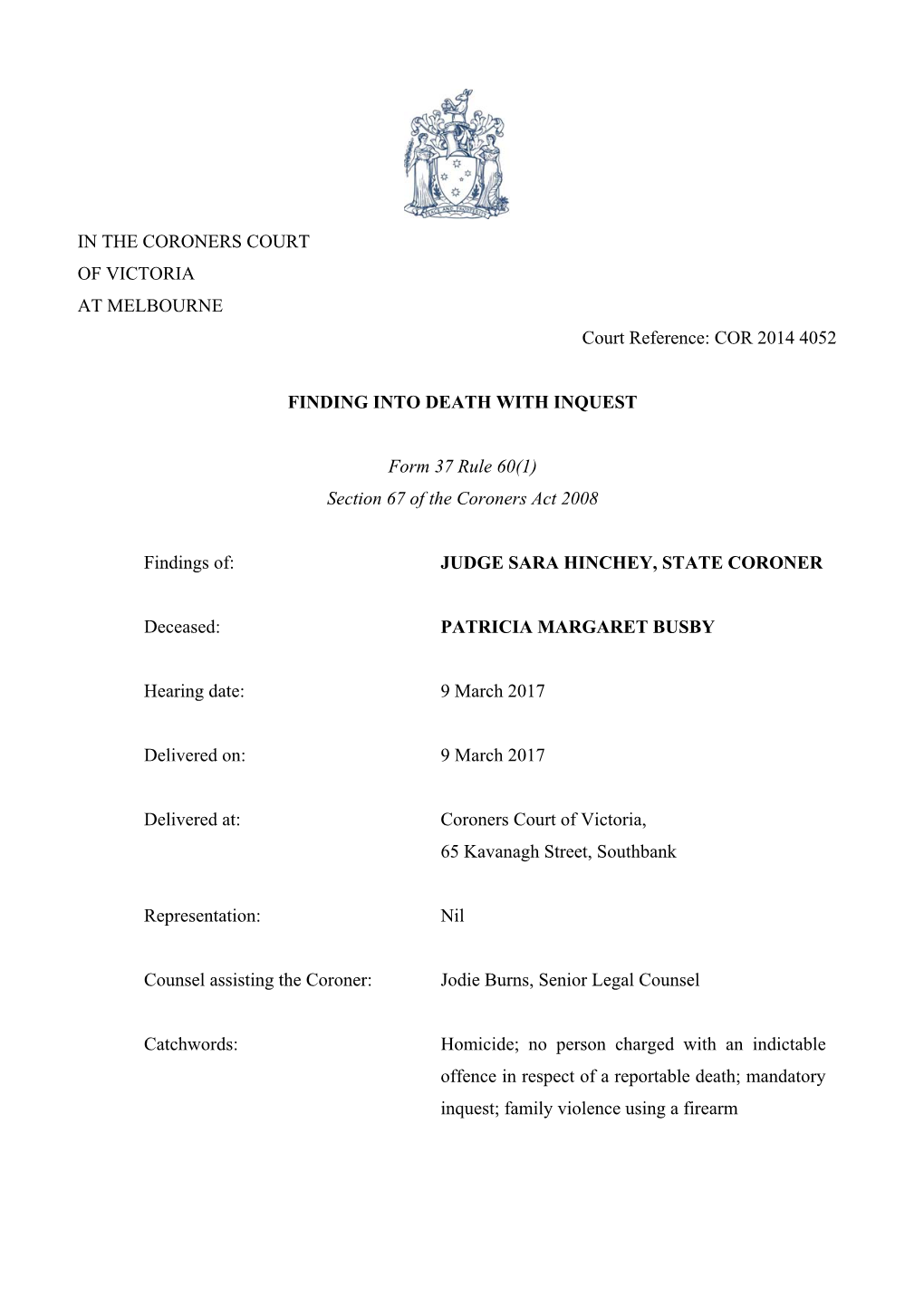 COR 2014 4052 FINDING INTO DEATH with INQUEST Form 37