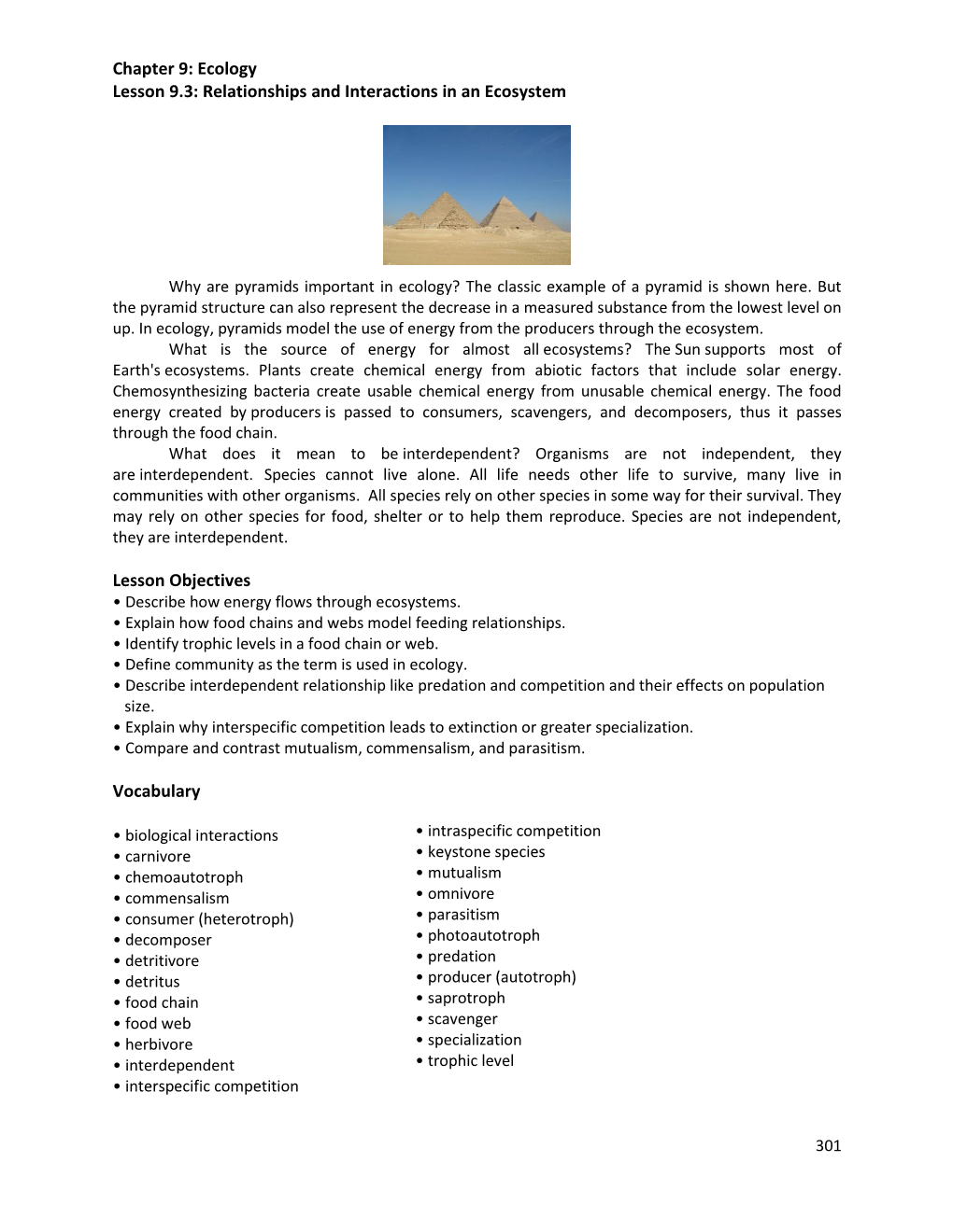 Chapter 9: Ecology Lesson 9.3: Relationships and Interactions in an Ecosystem Lesson Objectives Vocabulary