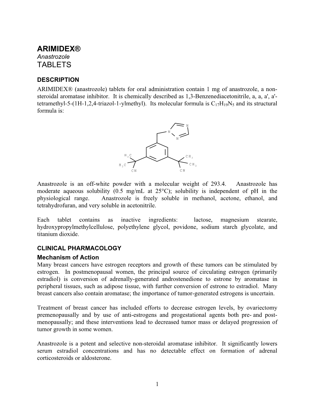 ARIMIDEX® Anastrozole TABLETS