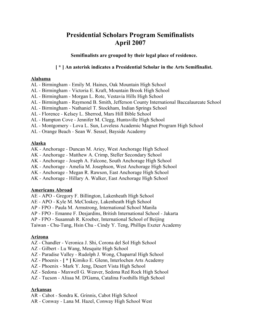 2007 Semifinalists for the Presidential Scholars Program (Msword)