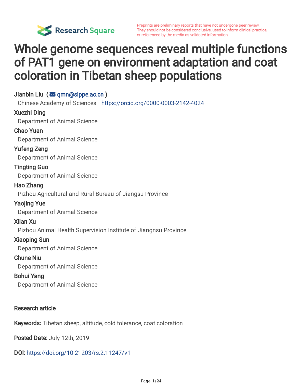Whole Genome Sequences Reveal Multiple Functions of PAT1 Gene on Environment Adaptation and Coat Coloration in Tibetan Sheep Populations