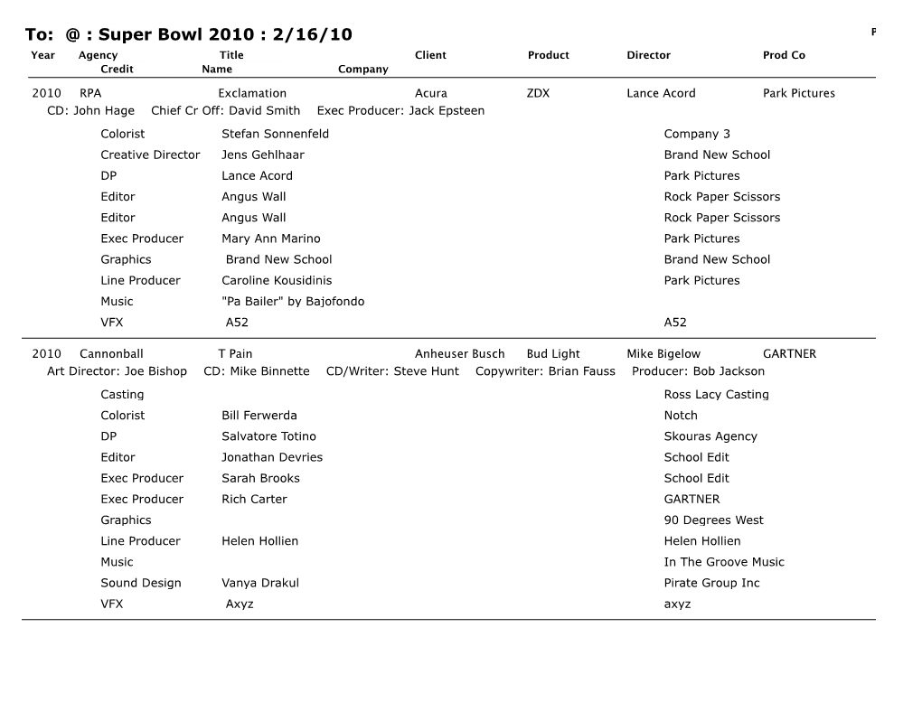 To: @ : Super Bowl 2010 : 2/16/10 Page: 1 Year Agency Title Client Product Director Prod Co Credit Name Company