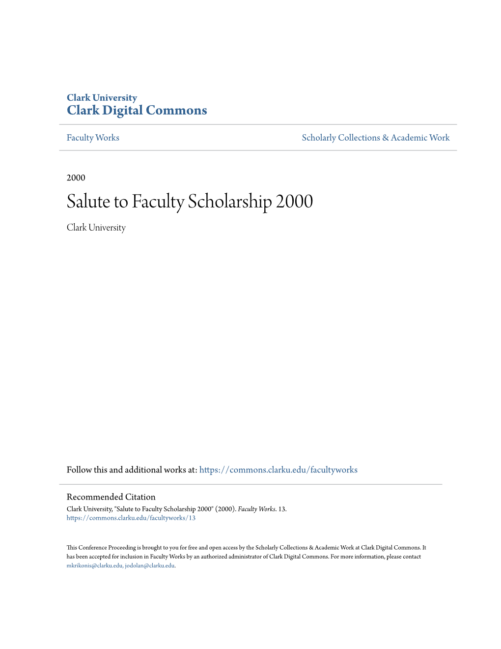 Salute to Faculty Scholarship 2000 Clark University