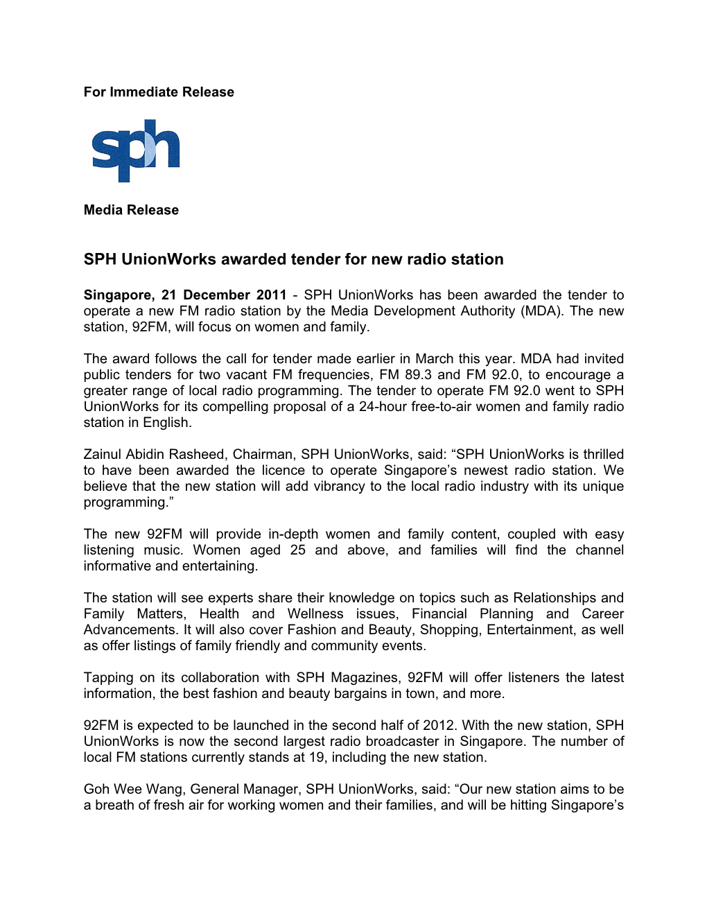 SPH Unionworks Awarded Tender for New Radio Station