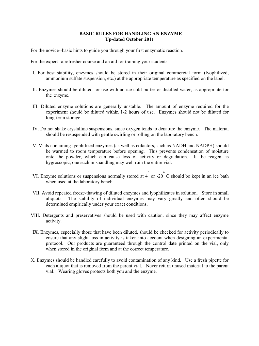 BASIC RULES for HANDLING an ENZYME Up-Dated October 2011