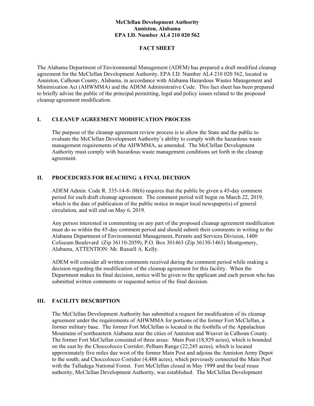 Mcclellan Development Authority Anniston, Alabama EPA I.D. Number AL4 210 020 562