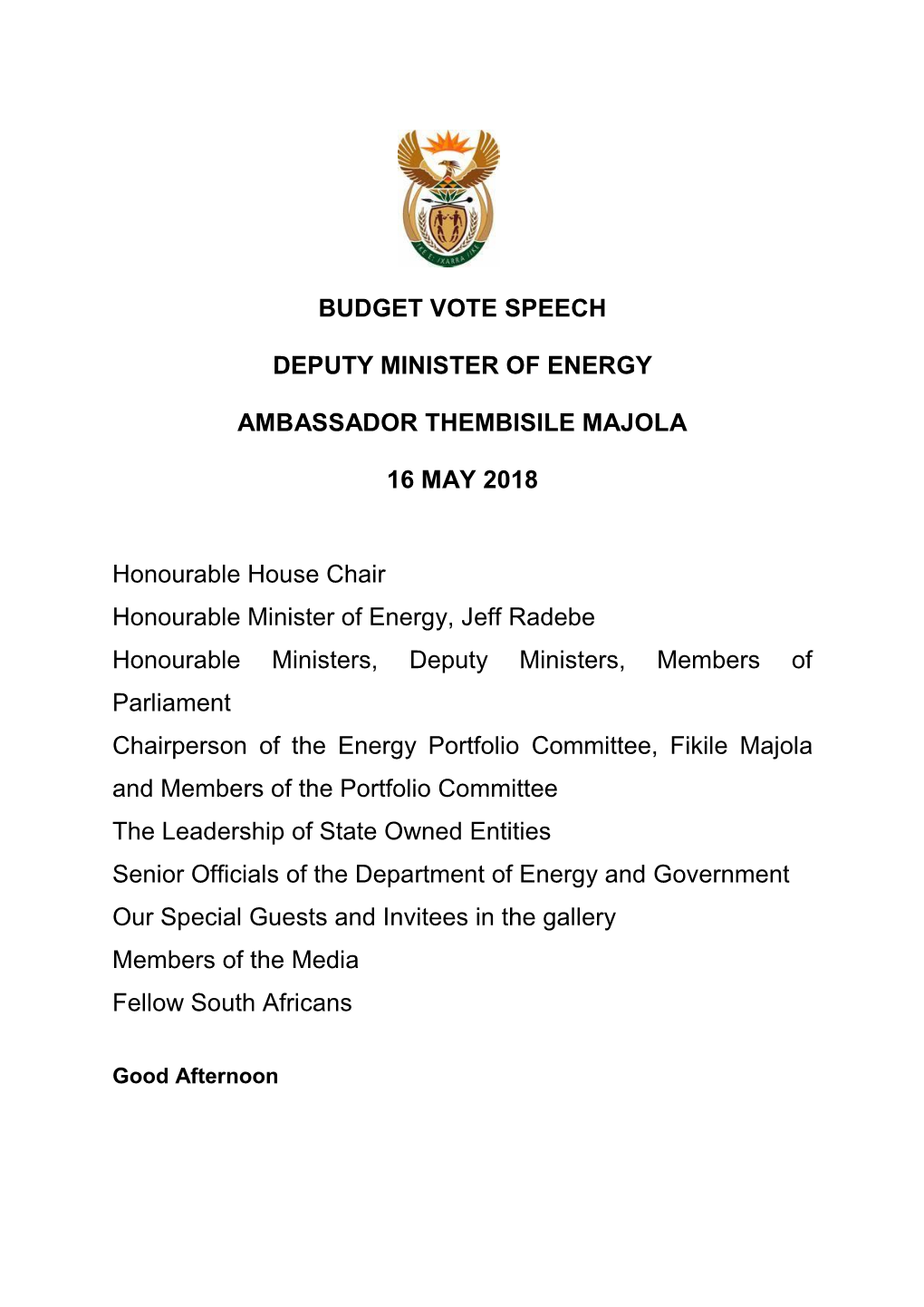 Budget Vote Speech Deputy Minister of Energy Ambassador Thembisile