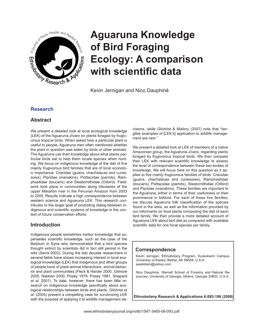 Aguaruna Knowledge of Bird Foraging Ecology: a Comparison with Scientific Data