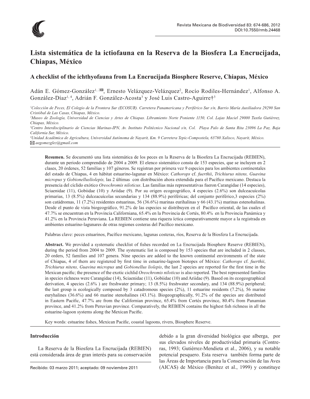 Lista Sistemática De La Ictiofauna En La Reserva De La Biosfera La Encrucijada, Chiapas, México