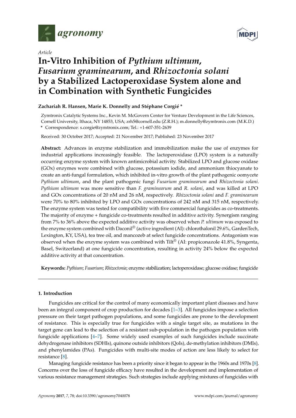 In-Vitro Inhibition of Pythium Ultimum, Fusarium Graminearum, And