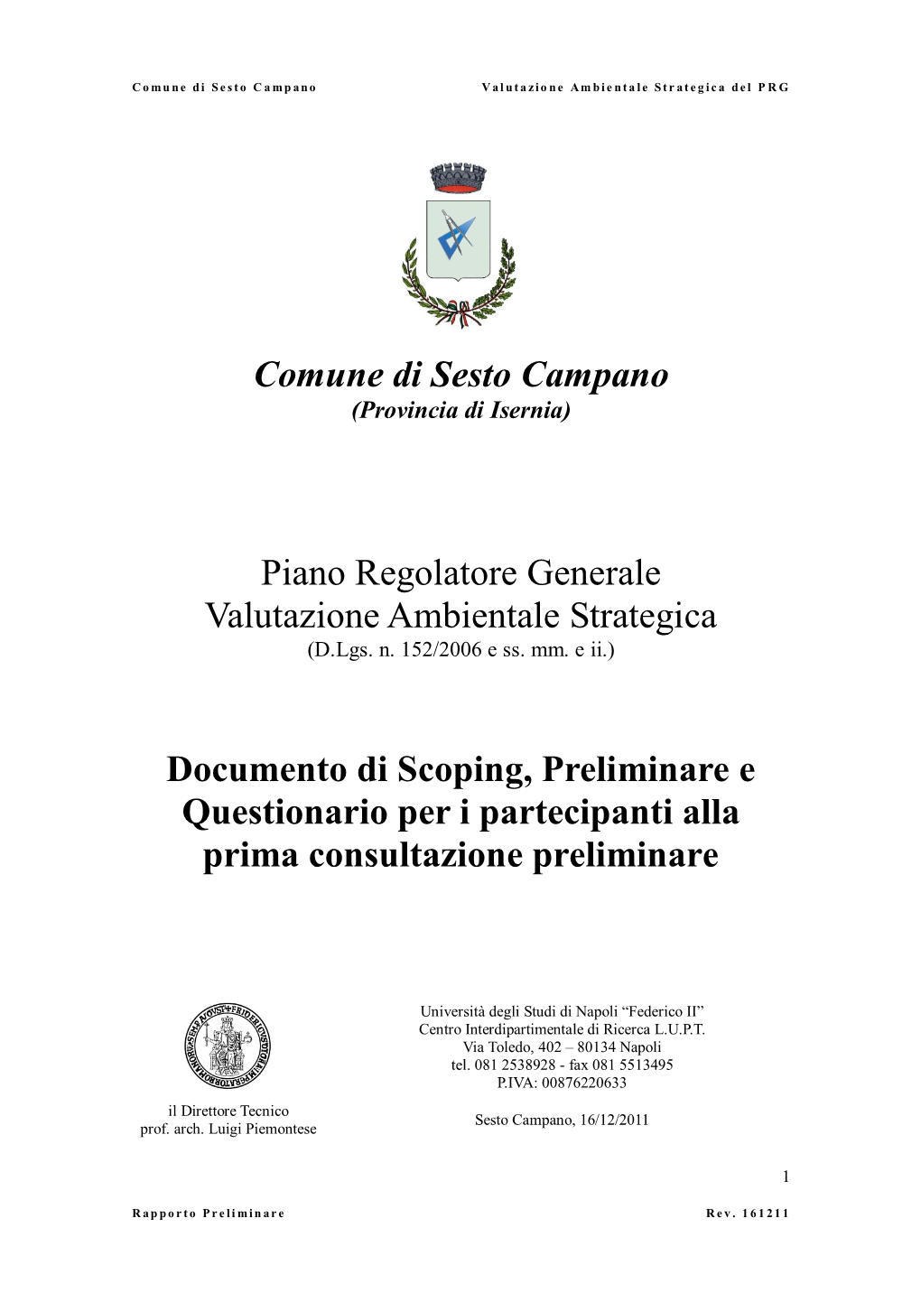 Comune Di Sesto Campano Piano Regolatore Generale Valutazione Ambientale Strategica Documento Di Scoping, Preliminare E Question