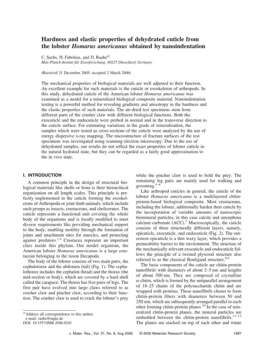 Hardness and Elastic Properties of Dehydrated Cuticle from the Lobster Homarus Americanus Obtained by Nanoindentation