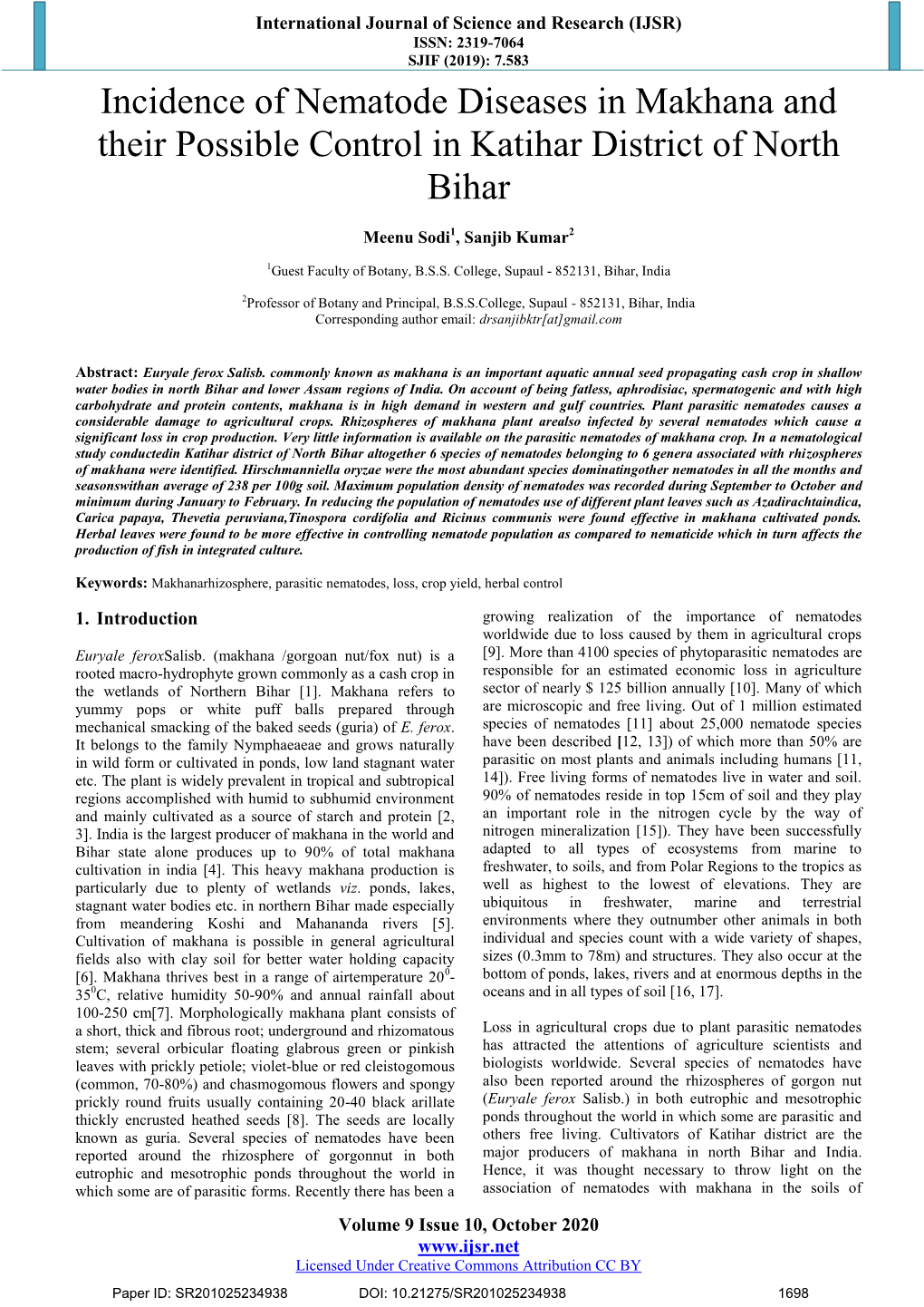 Incidence of Nematode Diseases in Makhana and Their Possible Control in Katihar District of North Bihar