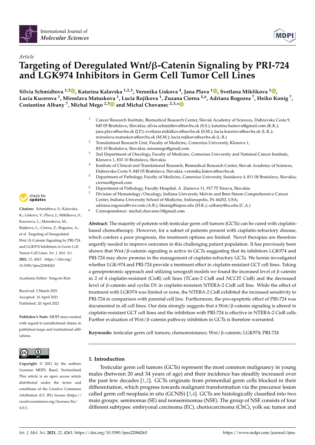 Catenin Signaling by PRI-724 and LGK974 Inhibitors in Germ Cell Tumor Cell Lines