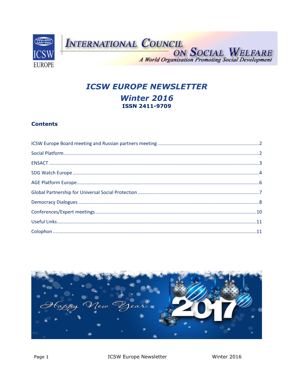 ICSW EUROPE NEWSLETTER Winter 2016 ISSN 2411-9709