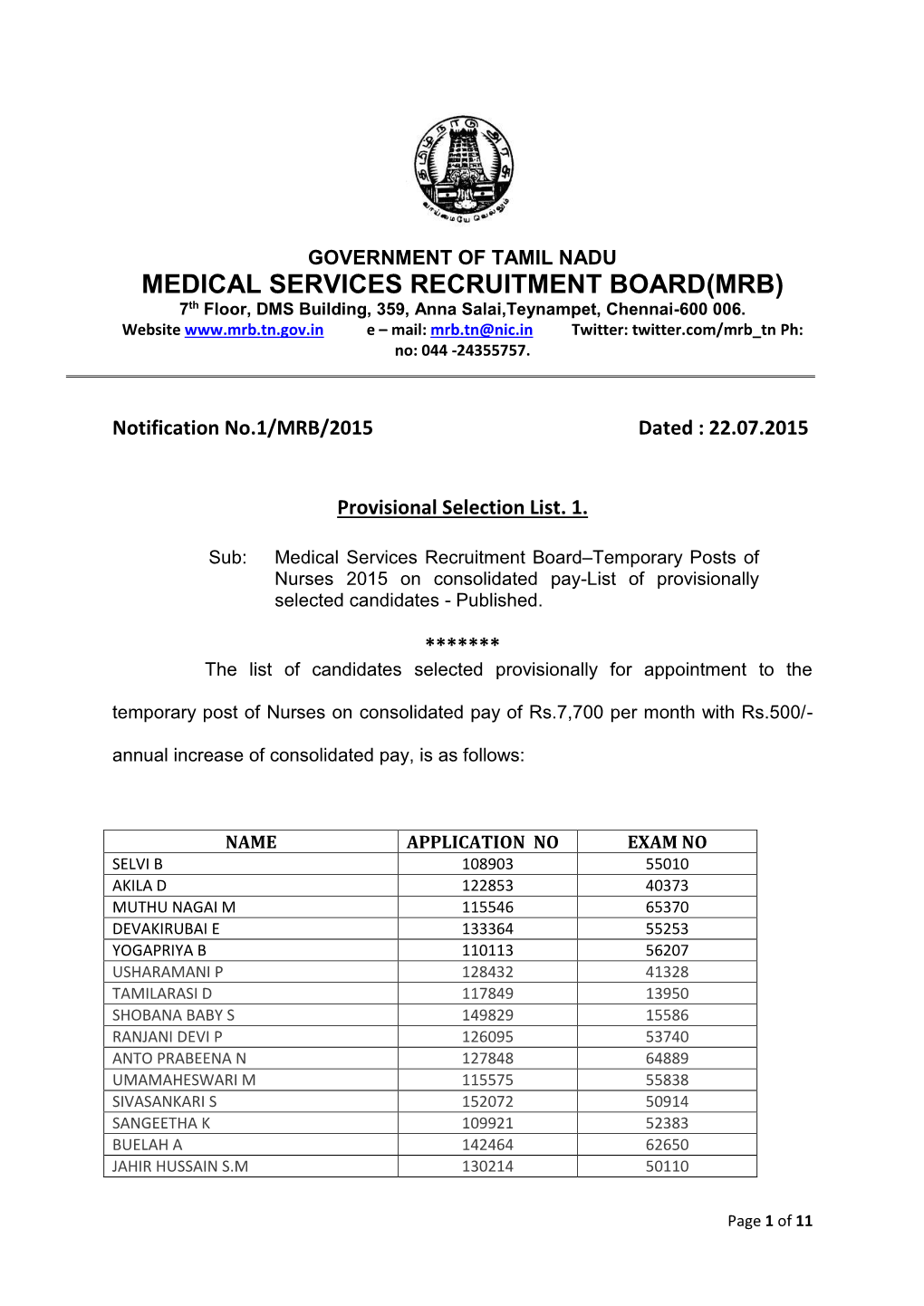 Provisional Selection List No. 1 for the Post of Nurses, 2015