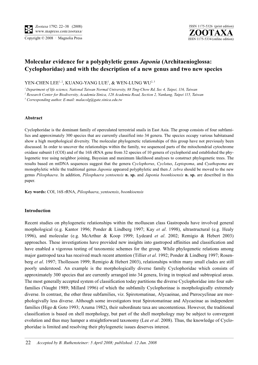 Zootaxa, Molecular Evidence for a Polyphyletic Genus Japonia