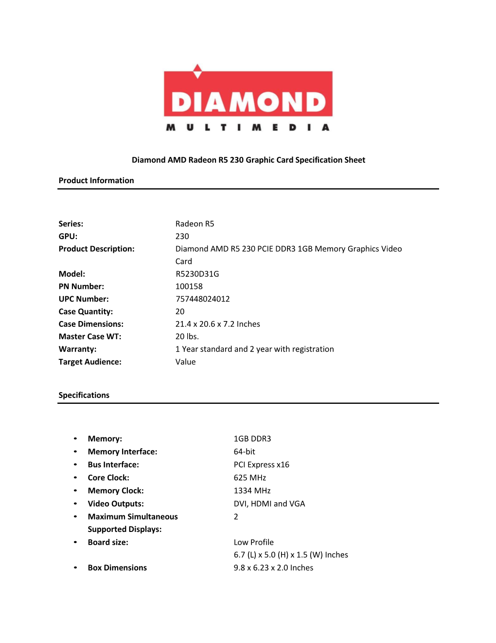 Diamond AMD Radeon R5 230 Graphic Card Specification Sheet