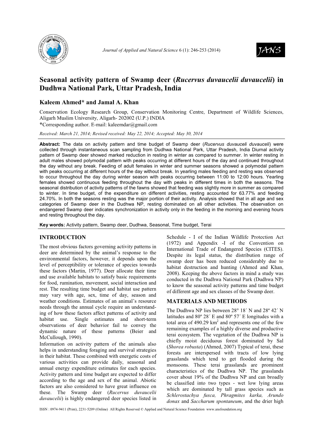 Seasonal Activity Pattern of Swamp Deer (Rucervus Duvaucelii