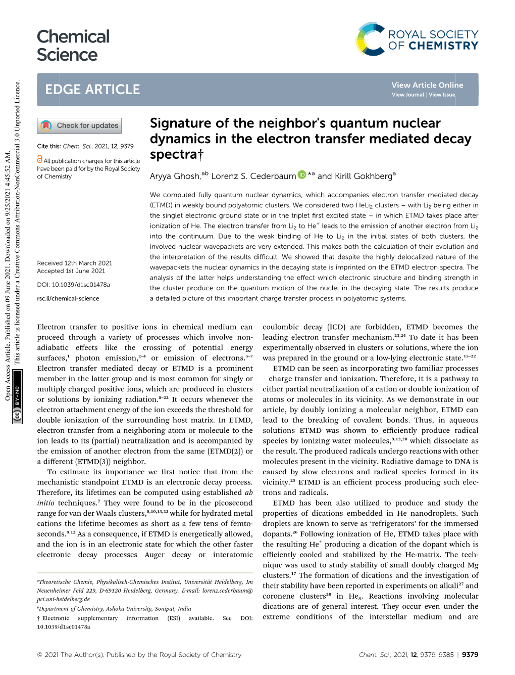 S Quantum Nuclear Dynamics in the Electron Transfer Mediated Decay Cite This: Chem