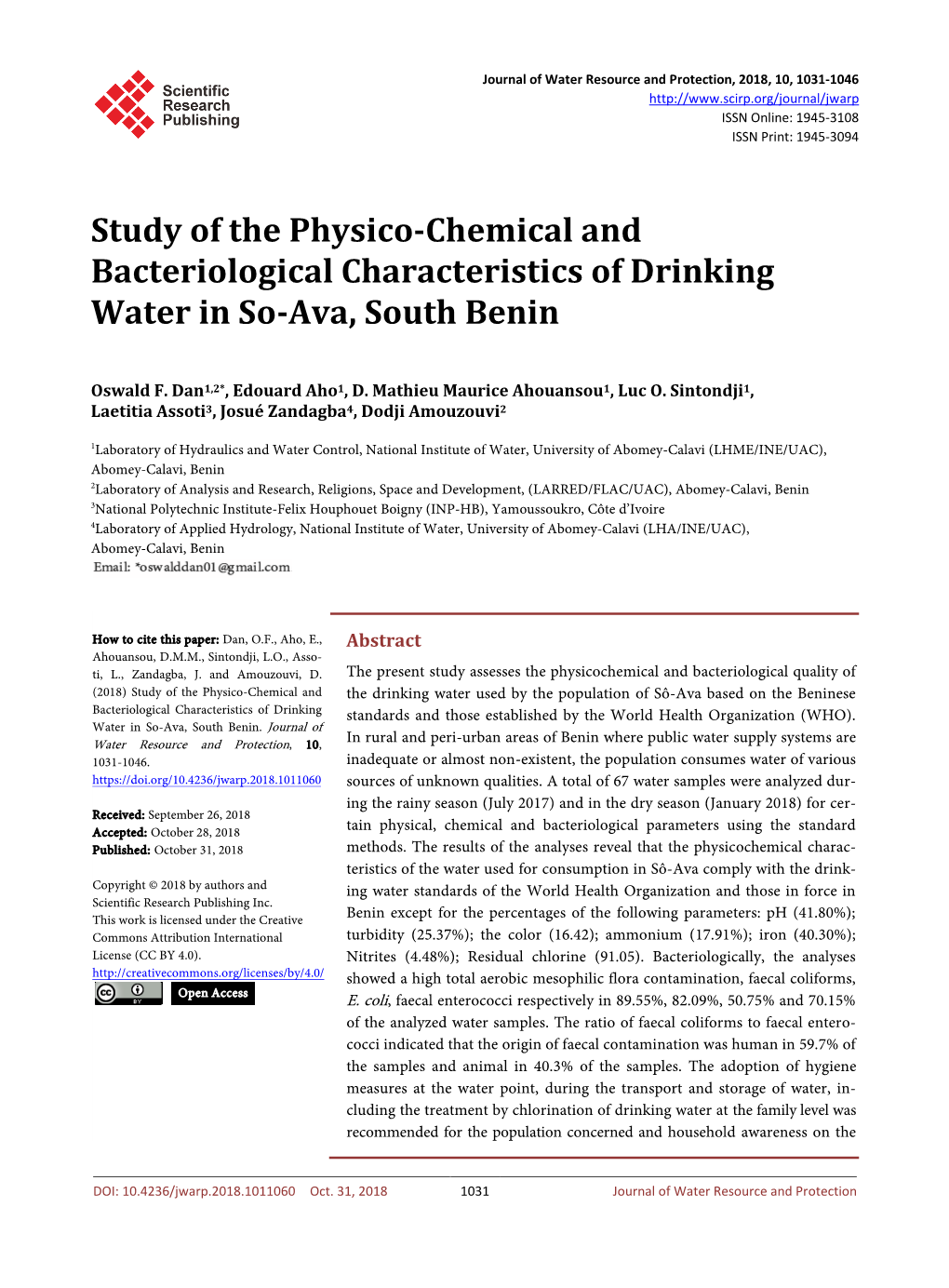 Study of the Physico-Chemical and Bacteriological Characteristics of Drinking Water in So-Ava, South Benin