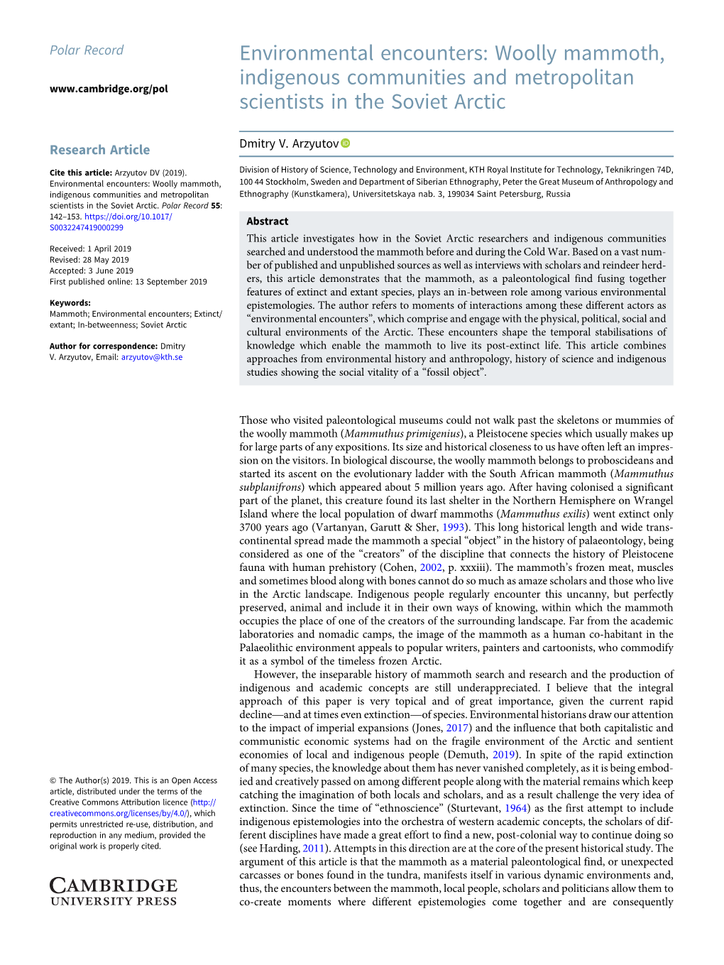 Environmental Encounters: Woolly Mammoth, Indigenous Communities and Metropolitan Scientists in the Soviet Arctic