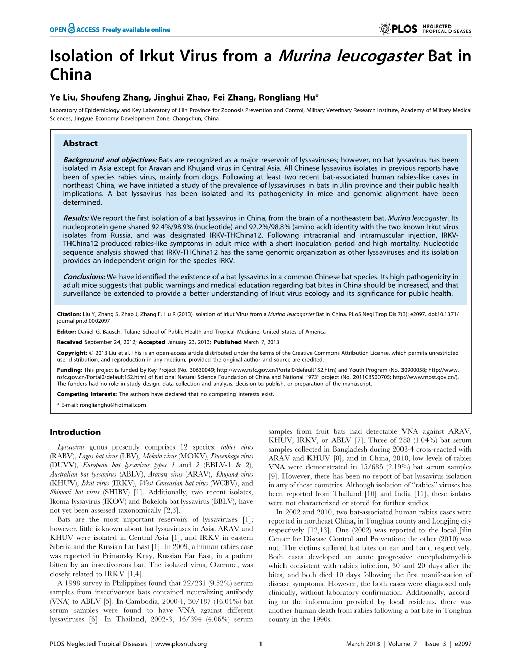 Isolation of Irkut Virus from a Murina Leucogaster Bat in China