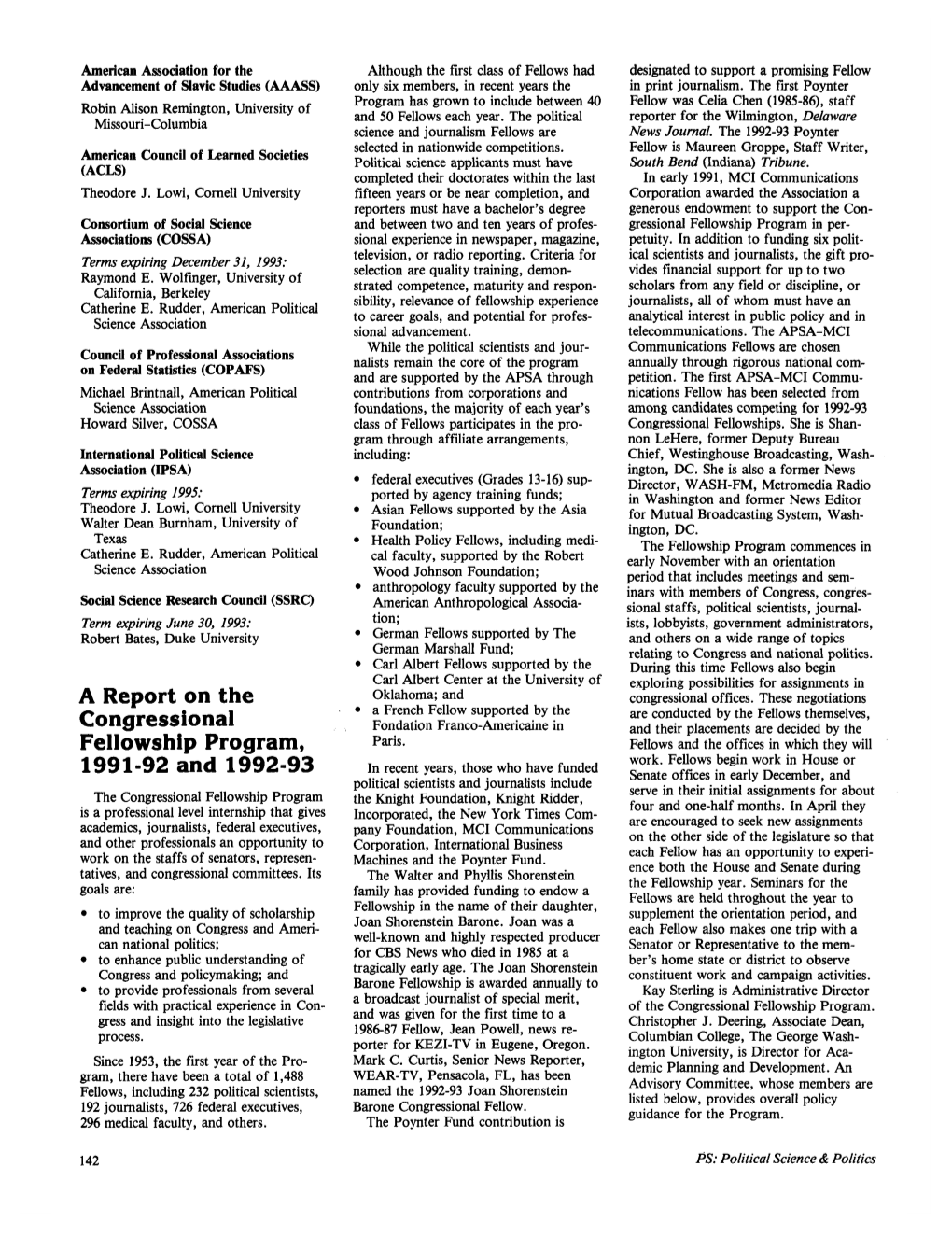 A Report on the Congressional Fellowship Program, 1991-92 and 1992-93
