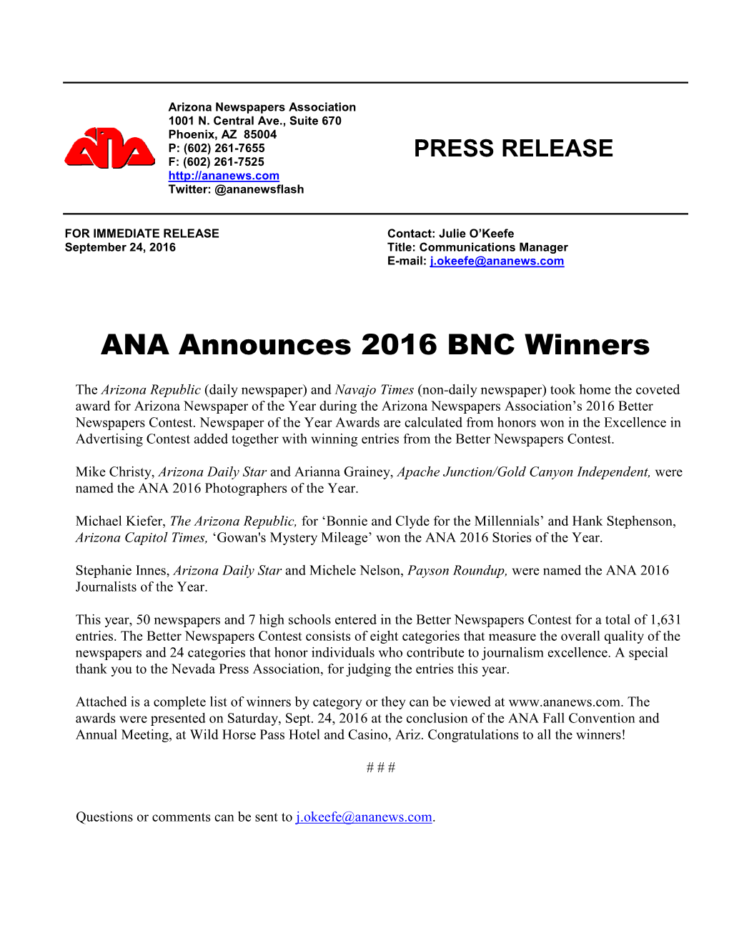 ANA Announces 2016 BNC Winners