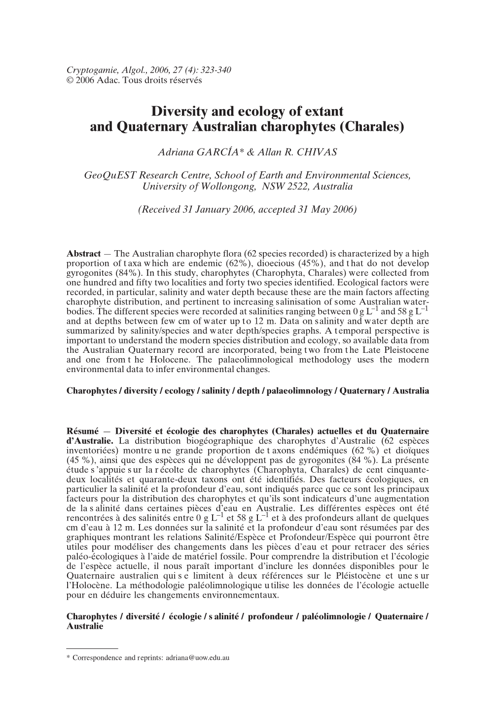 Diversity and Ecology of Extant and Quaternary Australian Charophytes (Charales)