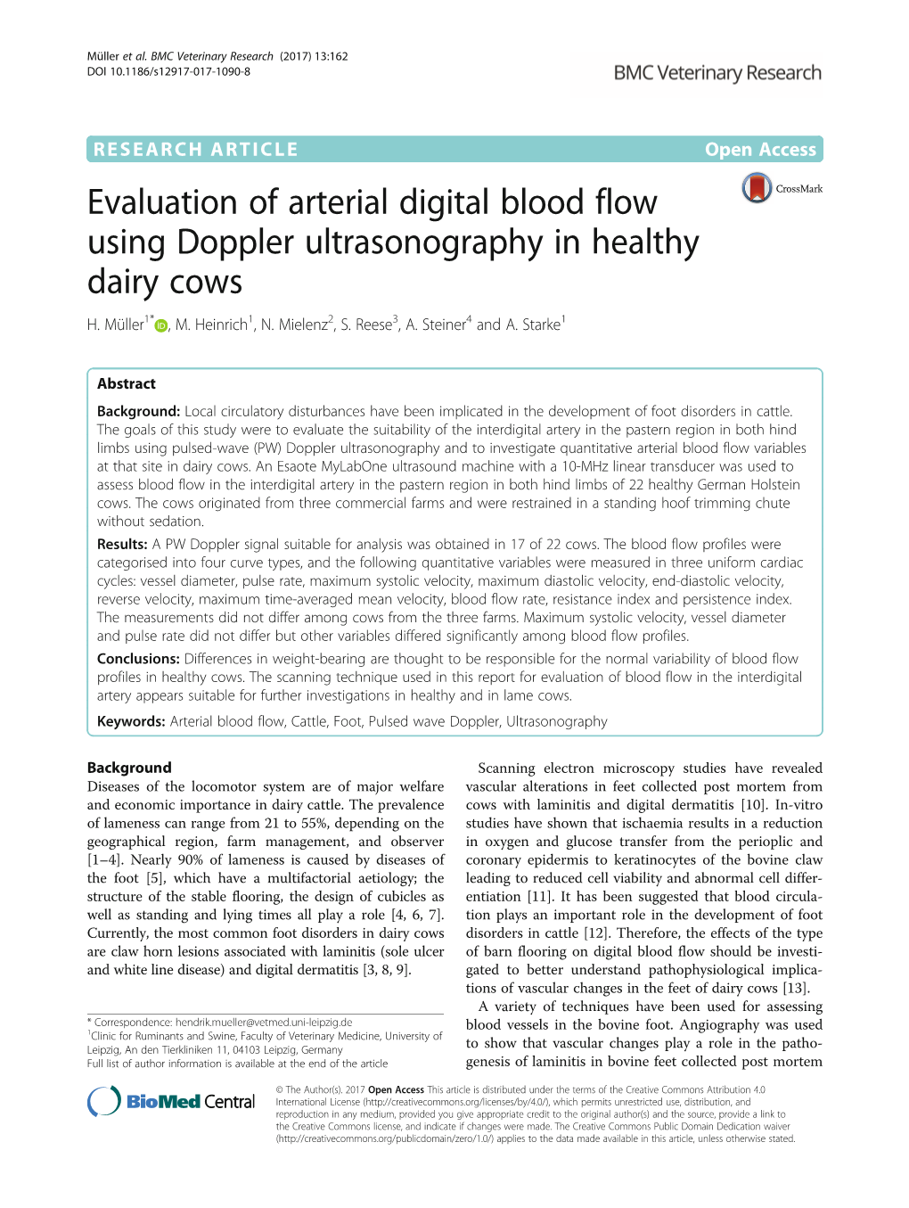 Evaluation of Arterial Digital Blood Flow Using Doppler Ultrasonography in Healthy Dairy Cows H