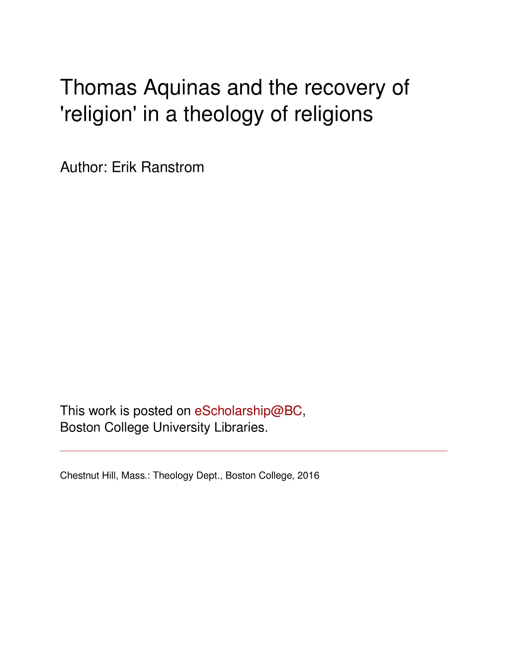 Thomas Aquinas and the Recovery of 'Religion' in a Theology of Religions